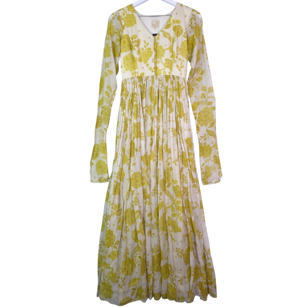 Paulmi & Harsh Maxi Dress Womens XS Yellow Floral Bird Print Pleated Bridgerton
